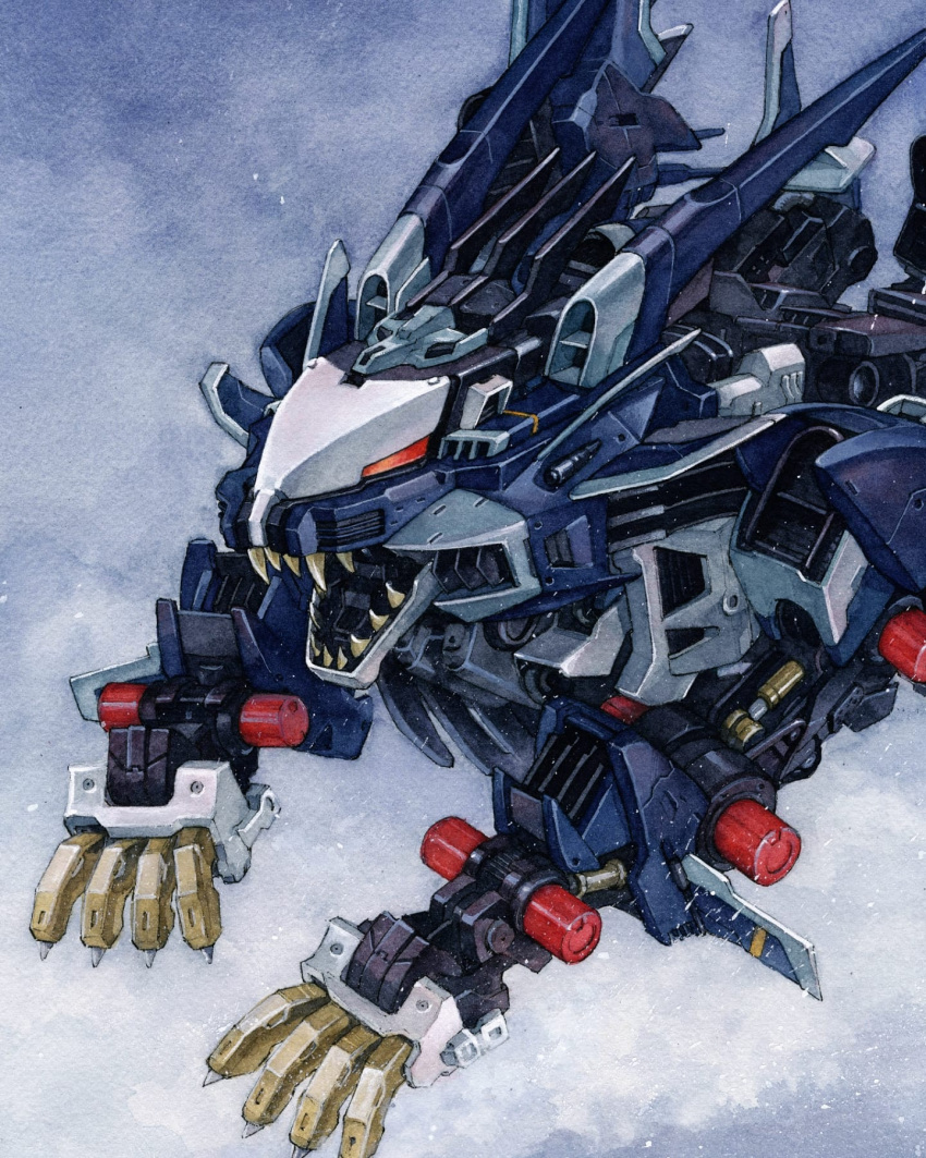 hector_trunnec highres liger_zero_jager mecha no_humans non-humanoid_robot open_mouth orange_eyes painting_(medium) robot robot_animal science_fiction sharp_teeth solo teeth traditional_media watercolor_(medium) zoids zoids_shinseiki/zero