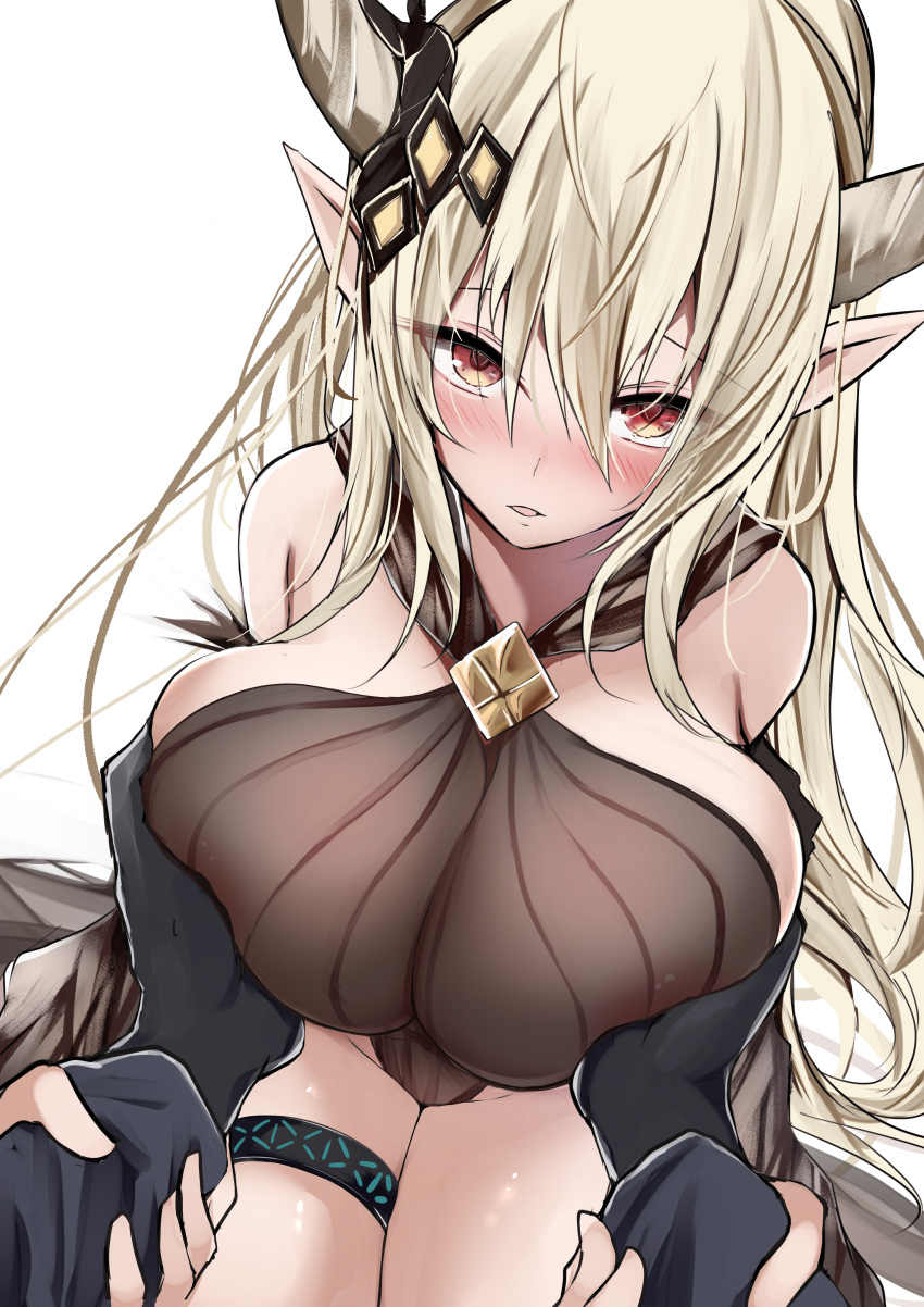 1girl 1other absurdres areola_slip arknights bare_shoulders black_one-piece_swimsuit blush breast_grab breasts brown_eyes commentary_request grabbing groin guided_breast_grab guiding_hand heart heart-shaped_pupils highres holding_another's_wrist horns huge_breasts infection_monitor_(arknights) kokihanada long_hair looking_at_viewer one-piece_swimsuit parted_lips pointy_ears pov pov_hands see-through shining_(arknights) shining_(silent_night)_(arknights) solo_focus swimsuit symbol-shaped_pupils thigh_strap white_hair