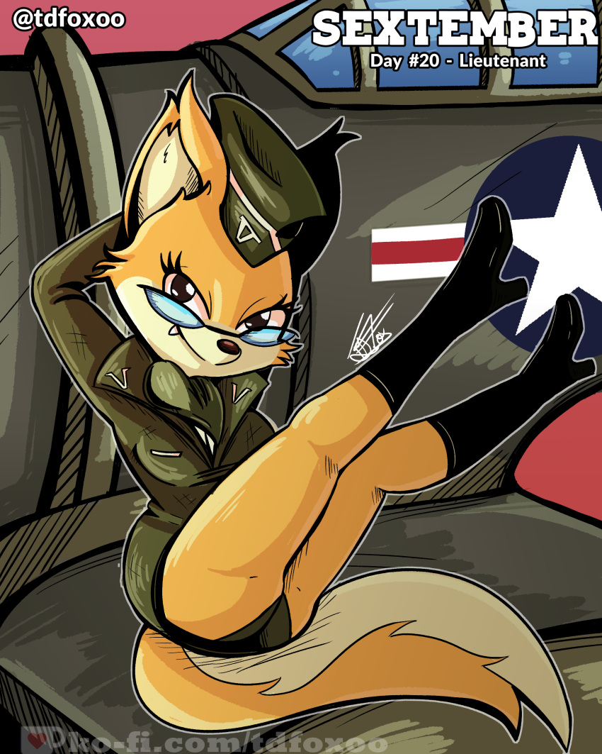 4:5 absurd_res aircraft airplane anthro breasts canid canine clothing eyewear female footwear fox glasses hat headgear headwear hi_res high_heels lieutenant looking_at_viewer lt._fox_vixen mammal military_uniform military_vehicle pinup pose sek_studio smile solo squirrel_and_hedgehog tdfoxoo uniform