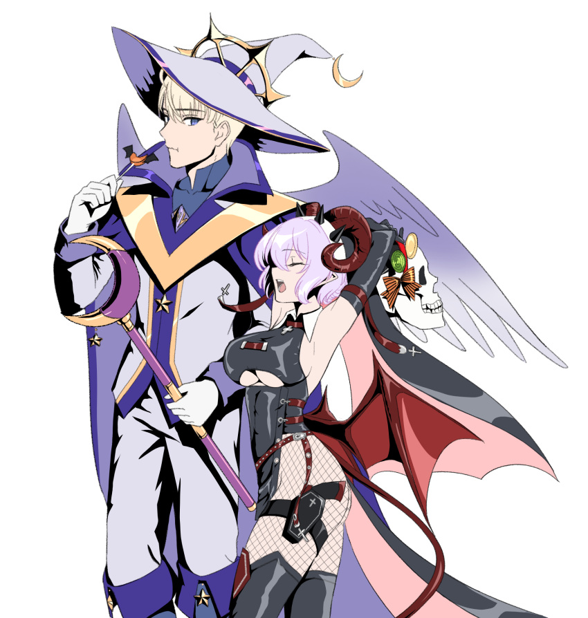 1boy 1girl angel_wings axia-chan black_gloves blonde_hair breasts crescent demon_horns demon_tail demon_wings elbow_gloves gloves grey_hair halloween hat highres horns large_breasts leopold_(symphogear) medium_hair senki_zesshou_symphogear short_hair tagme tail underboob wings witch_hat yukine_chris