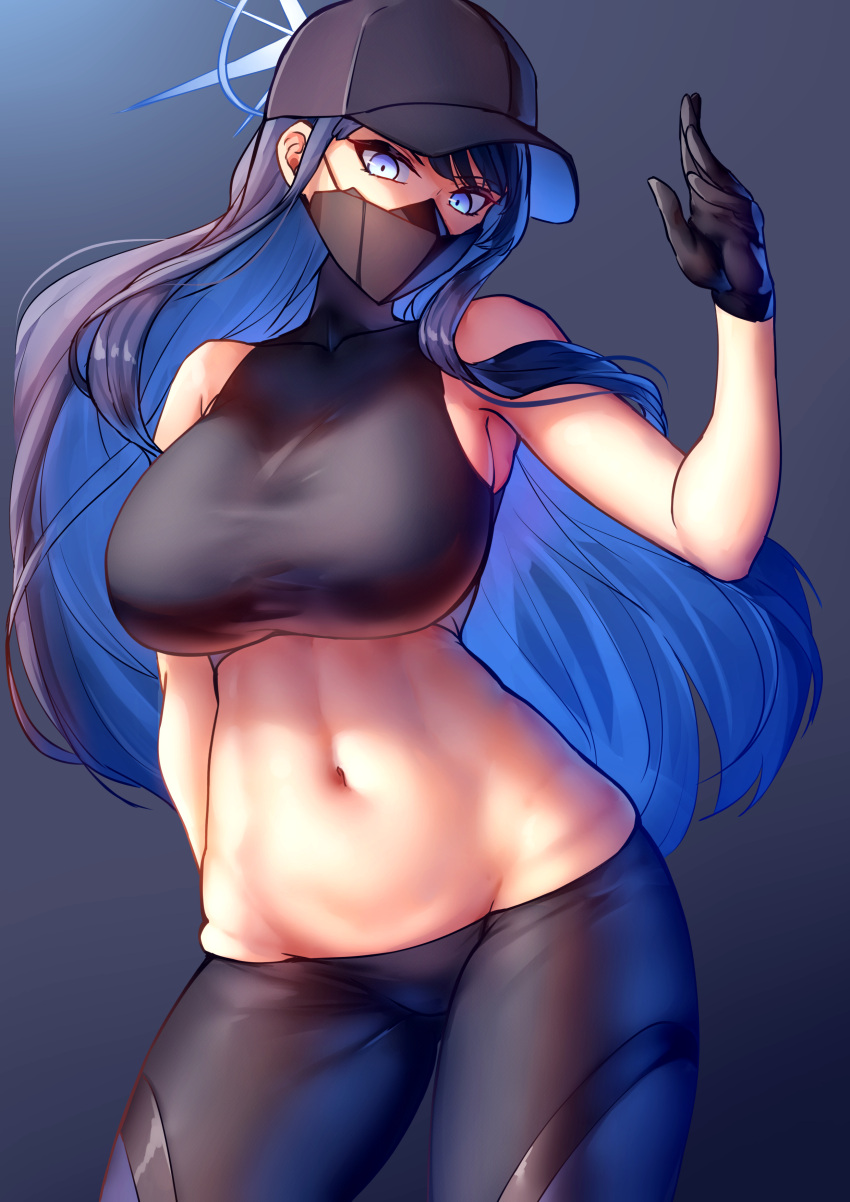 1girl absurdres bangs bare_arms bare_shoulders black_gloves black_headwear black_pants black_shirt blue_archive blue_background blue_eyes blue_hair breasts commentary_request cowboy_shot crop_top gloves gradient gradient_background groin highres large_breasts leggings long_hair looking_at_viewer mask midriff mouth_mask navel nicchi pants partial_commentary saori_(blue_archive) shirt sleeveless sleeveless_shirt solo standing stomach thighs very_long_hair