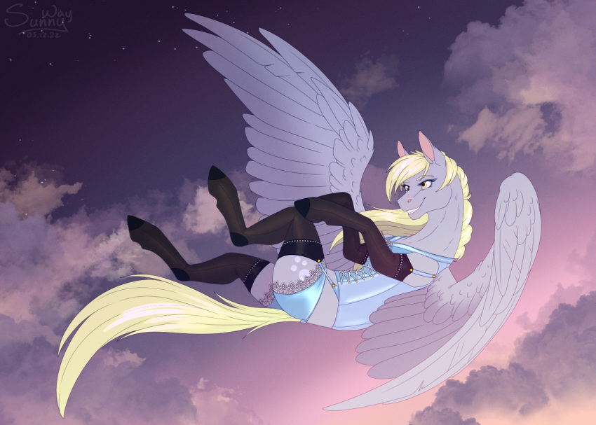 anthro clothed clothed_feral clothing cloud corset costume cute_expression derpy_hooves_(mlp) digital_drawing_(artwork) digital_media_(artwork) equid equine female feral flying friendship_is_magic gloves handwear happy hasbro horse lace legwear lingerie lingerie_on_feral makeup mammal my_little_pony panties pegasus pony smile solo stockings sunny_way topwear underwear wings