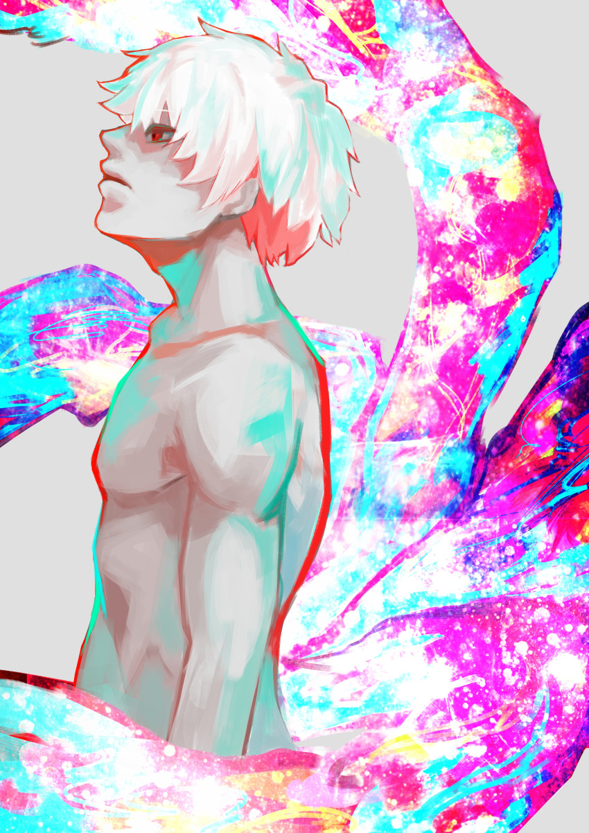 1boy absurdres bangs closed_mouth collarbone from_side grey_background highres kagune_(tokyo_ghoul) kaneki_ken kyuuba_melo looking_up male_focus nude red_eyes solo tokyo_ghoul white_hair