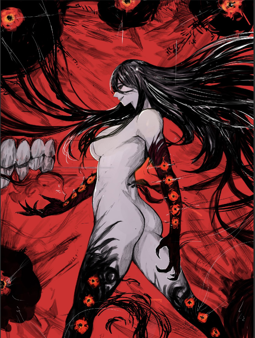 1girl ass bangs bare_shoulders black_skin breasts colored_skin floating_hair from_side highres kamishiro_rize large_breasts long_hair nude parted_lips red_background red_skin shiny_hair solo teeth tokyo_ghoul tokyo_ghoul:re very_long_hair yourfreakyneighbourh
