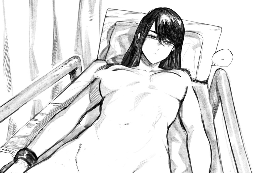 1girl bangs bed bound bound_wrists breasts censored closed_mouth collarbone curtains frown greyscale highres kamishiro_rize long_hair lying medium_breasts monochrome navel nude on_back pillow shiny_hair solo speech_bubble tokyo_ghoul yourfreakyneighbourh