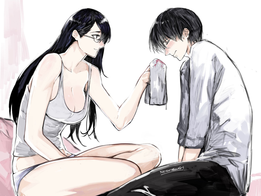 1boy 1girl alternate_costume artist_name bangs bare_arms bare_shoulders black_pants blush breasts cleavage collarbone from_side glasses grey_shirt highres holding kamishiro_rize kaneki_ken large_breasts long_hair pants shiny_hair shirt shorts sitting smile tissue tokyo_ghoul wavy_mouth white_background yourfreakyneighbourh
