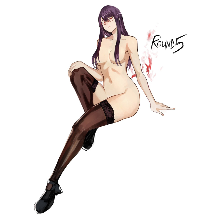 1girl arm_support bangs black_footwear breasts brown_thighhighs collarbone glasses hair_over_breasts hand_up highres invisible_chair kamishiro_rize large_breasts long_hair navel nude purple_hair shiny_hair shoes simple_background sitting smile solo thighhighs tokyo_ghoul yourfreakyneighbourh