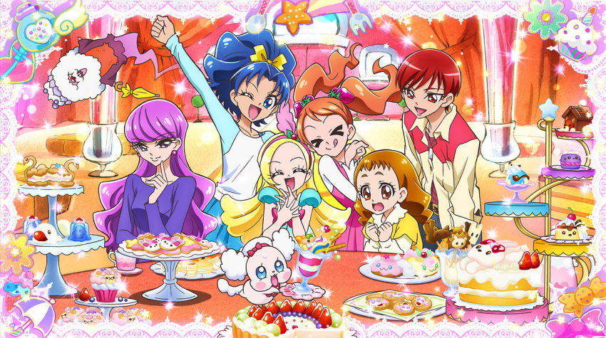 &gt;_&lt; 6+girls :d ;d androgynous arisugawa_himari arm_up bangs belt_buckle blonde_hair blue_eyes blue_hair blue_sleeves bow braid brown_eyes brown_hair buckle chourou_(precure) closed_eyes dress earrings fang food-themed_hair_ornament hair_between_eyes hair_bow hair_ornament hairband indoors jewelry kenjou_akira kirahoshi_ciel kirakira_precure_a_la_mode kotozume_yukari long_hair long_sleeves multiple_girls one_eye_closed outstretched_arm pekorin_(precure) pinafore_dress pink_dress pink_hairband precure purple_eyes purple_hair purple_shirt red_eyes red_hair shiny_hair shirt short_hair sleeveless sleeveless_dress smile straight_hair strawberry_hair_ornament tategami_aoi twin_braids usami_ichika white_shirt yellow_bow