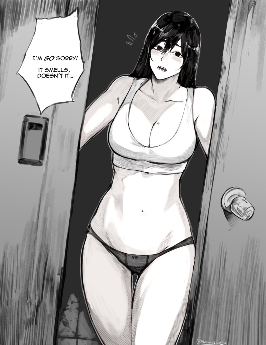 1girl :o bangs bare_shoulders breasts cleavage collarbone copyright_request door english_text greyscale highres large_breasts long_hair monochrome notice_lines open_door panties shiny_hair solo speech_bubble stomach thigh_gap underwear yourfreakyneighbourh