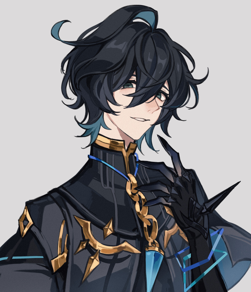 1boy absurdres ainchase_ishmael black_cape black_hair black_jacket blue_gemstone cape claws ebf7l elsword gem green_eyes hand_up highres jacket long_sleeves male_focus opferung_(elsword) parted_lips simple_background smile solo upper_body