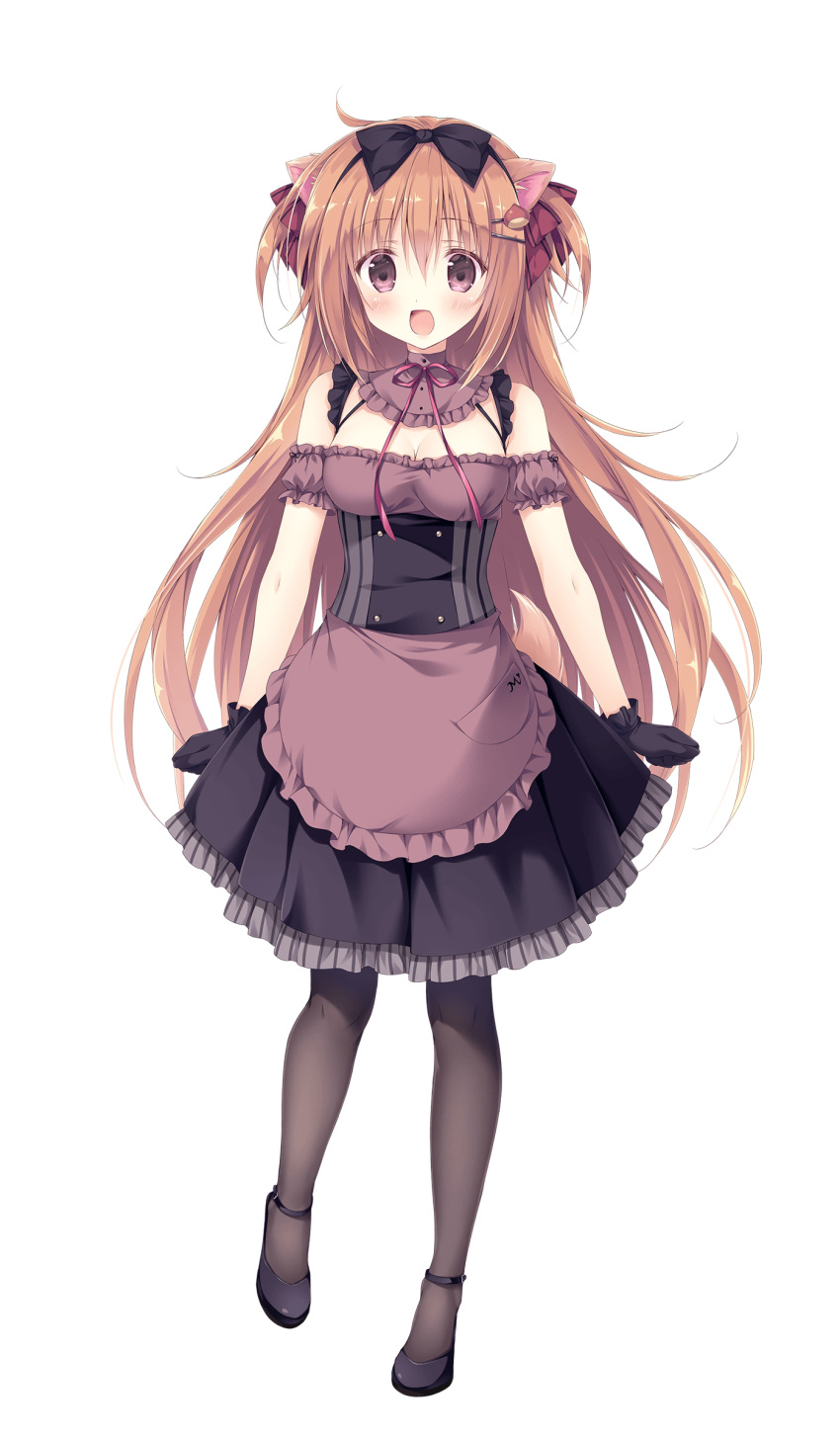 1girl absurdres amairo_chocolata amamiya_mikuri animal_ears apron black_footwear black_gloves blush breasts brown_eyes brown_hair cleavage closed_mouth dog_ears dog_tail dress full_body gloves hair_ornament hairclip highres korie_riko large_breasts long_hair looking_at_viewer non-web_source open_mouth pantyhose short_dress simple_background solo tail two_side_up very_long_hair waist_apron white_background