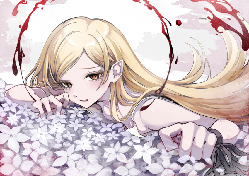 1girl 402_(o0_xxx) bare_arms bare_shoulders black_ribbon blonde_hair blood breasts commentary_request dress eyelashes fang floating_hair flower furrowed_brow kiss-shot_acerola-orion_heart-under-blade kizumonogatari light_blush long_hair looking_at_viewer lying monogatari_(series) no_bra official_art on_stomach oshino_shinobu parted_lips pointy_ears ribbon second-party_source sleeveless sleeveless_dress slit_pupils small_breasts solo spaghetti_strap swept_bangs vampire white_dress white_flower yellow_eyes