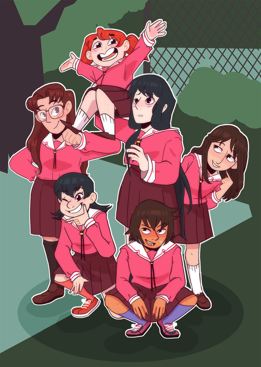 6+girls azumanga_daioh azumanga_daioh's_school_uniform black_hair brown_hair bush carrying carrying_person commentary english_commentary fence full_body highres jacket kagura_(azumanga_daioh) kasuga_ayumu long_hair looking_at_another looking_at_viewer mihama_chiyo mizuhara_koyomi multiple_girls open_mouth outdoors pink_jacket pleated_skirt red_hair red_skirt sailor_collar sakaki_(azumanga_daioh) school_uniform serafuku shadow short_hair skirt stevetwisp takino_tomo tree twintails white_sailor_collar