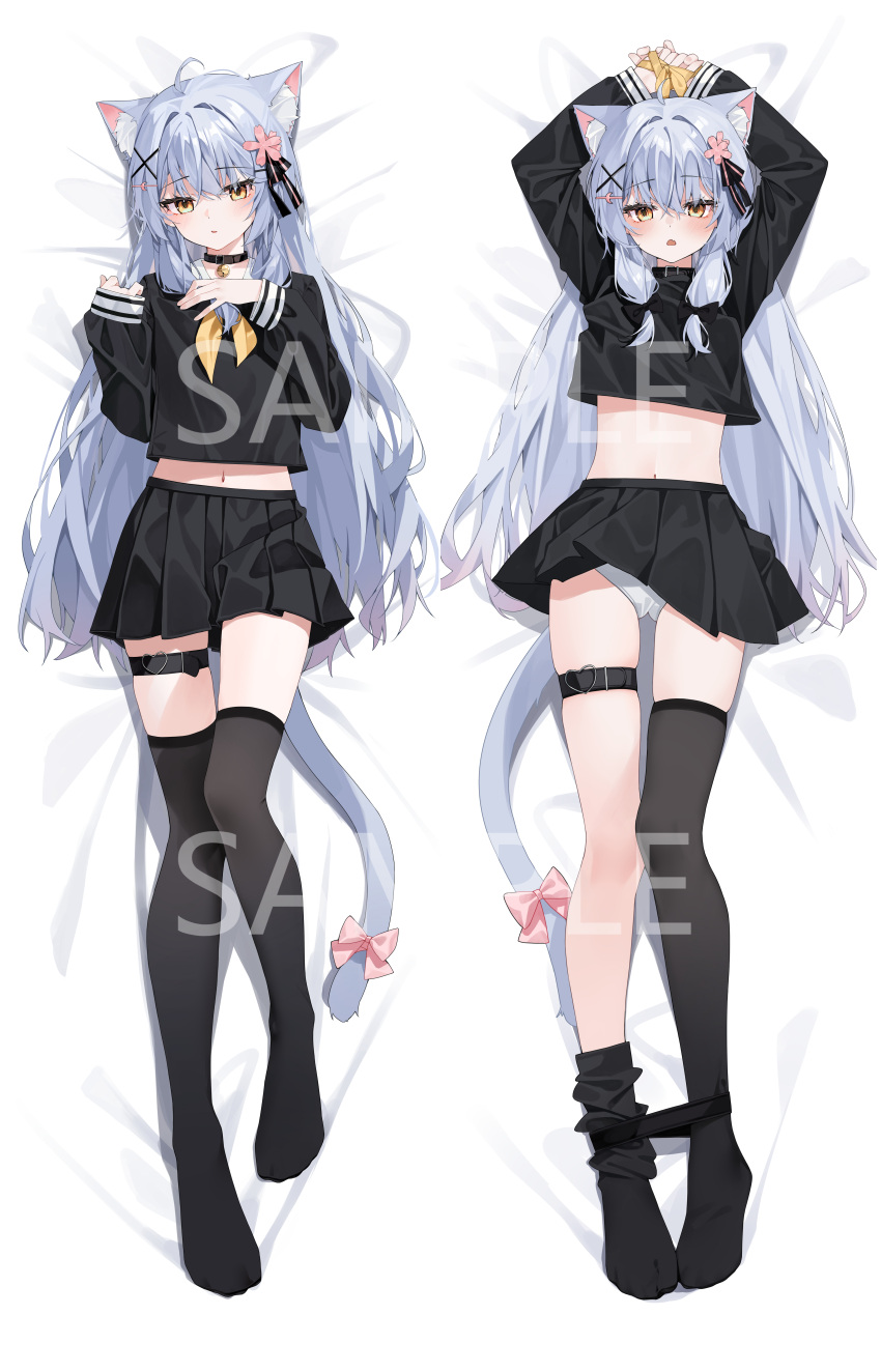 1girl absurdres animal_ear_fluff animal_ears bdsm black_choker black_sailor_collar black_serafuku black_skirt black_thighhighs blue_hair blush bondage bound bound_ankles bound_wrists bow breasts cat_ears cat_girl cat_tail choker clothes_lift collar crop_top dakimakura_(medium) flat_chest flower gradient_hair grey_hair hair_flower hair_ornament hair_ribbon hairclip heart highres legband light_blue_hair long_hair long_sleeves looking_at_viewer lying midriff multicolored_hair multiple_views navel neckerchief on_back original panties parted_lips pink_bow pink_flower pleated_skirt ribbon sailor_collar sample_watermark school_uniform serafuku shirt short_twintails skindentation skirt skirt_lift small_breasts tail tail_bow tail_ornament thighhighs thighhighs_pull twintails underwear very_long_hair watermark white_panties xiao_lin_jiu yellow_eyes yellow_neckerchief