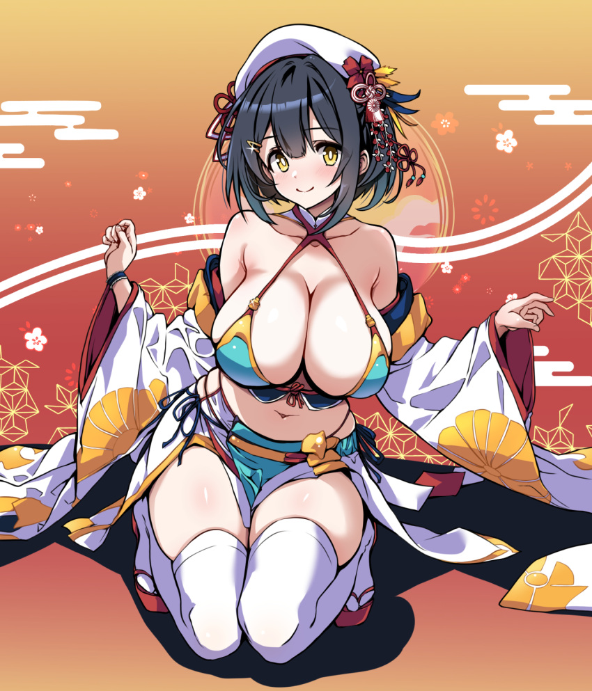 1girl beret black_hair black_headwear breasts bright_pupils cleavage closed_mouth commentary_request detached_sleeves gradient_background hair_ornament hat highres hirowa_nagi large_breasts looking_at_viewer navel orange_background original short_hair sitting skirt smile solo tabi thighhighs thighs white_pupils white_skirt white_sleeves white_thighhighs wide_sleeves yellow_eyes