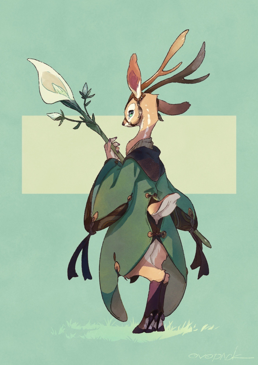 1other androgynous animal_ears antlers artist_name coat commentary deer_ears deer_tail digitigrade english_commentary flower from_behind full_body furry furry_other green_background green_coat green_eyes hand_up highres holding holding_flower hooves horizontal_pupils legs_together long_sleeves looking_at_viewer looking_back murayama_ryouta original other_focus signature solo standing tail tail_through_clothes two-tone_background white_flower wide_sleeves yellow_background