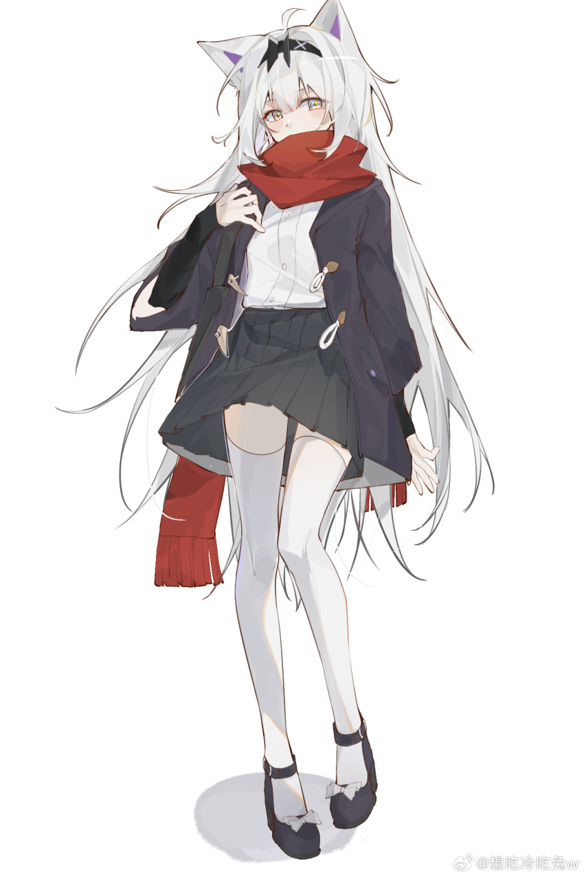 1girl ahoge alternate_costume animal_ears black_coat black_footwear black_hairband black_skirt blush bow center-flap_bangs chinese_commentary coat commentary covered_mouth footwear_bow full_body grey_eyes hairband heterochromia high_heels highres kylin_47 long_hair long_scarf looking_at_viewer no.21_(punishing:_gray_raven) open_clothes open_coat pleated_skirt punishing:_gray_raven red_scarf scarf shadow shirt shirt_tucked_in shoes simple_background skirt solo standing tachi-e thighhighs very_long_hair weibo_logo weibo_username white_background white_hair white_shirt white_thighhighs zettai_ryouiki