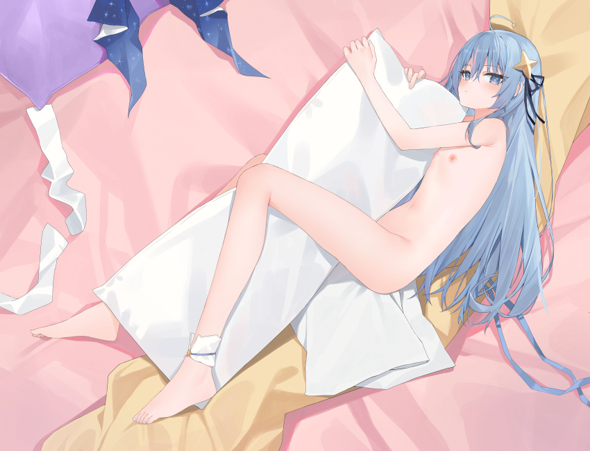 absurdres ahoge between_legs blue_eyes blue_hair breasts completely_nude dakimakura_(object) feet flat_chest hair_ornament hair_ribbon highres hugging_object long_hair looking_at_viewer lying nail_polish navel nipples nude on_side original pillow pillow_hug ribbon small_breasts star-shaped_pupils star_(symbol) star_hair_ornament symbol-shaped_pupils toenail_polish toenails unworn_socks very_long_hair xiao_lin_jiu