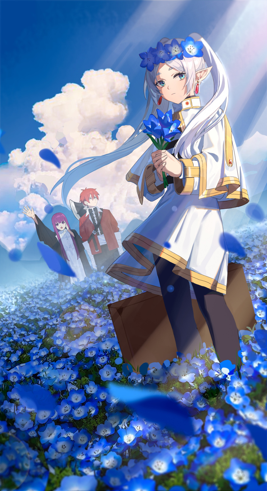 1boy 2girls absurdres axe bandaged_arm bandages battle_axe black_pants black_pantyhose black_robe black_shirt blank_stare blue_eyes blue_flower blue_sky blue_theme blunt_bangs capelet closed_mouth cloud cloudy_sky collared_cape collared_dress collared_jacket collared_shirt cumulonimbus_cloud day dress earrings elf expressionless fern_(sousou_no_frieren) field floating_hair flower flower_field flower_wreath frieren hands_up head_wreath highres holding holding_flower jacket jewelry long_hair looking_at_another multiple_girls nemophila_(flower) open_mouth outdoors own_hands_clasped own_hands_together pants pantyhose parted_bangs petals pointy_ears purple_eyes purple_hair red_eyes red_hair red_jacket robe shirt short_hair shouting sidelocks sky sleeves_rolled_up sousou_no_frieren standing stark_(sousou_no_frieren) straight_hair striped striped_shirt suitcase twintails weapon white_capelet white_dress white_hair wind wind_lift xiu_kukkii