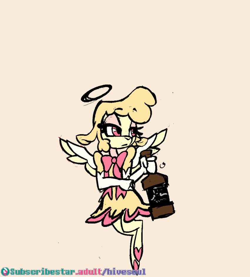 alcohol angel animated annoyed anthro beverage blush bottle bottomwear bovid bow_ribbon caprine cherub clenched_teeth clothed clothing clothing_lift colored container cross-popping_vein dialogue dress english_text eye_roll feathered_wings feathers female fist flying frown genitals gesture halo helluva_boss hi_res holding_bottle holding_container holding_object insult keenie_(helluva_boss) line_art looking_at_viewer mammal middle_finger monochrome presenting presenting_pussy profanity pussy sheep short_playtime simple_background skirt skirt_lift solo soulcentinel spread_legs spreading tail_under_skirt teeth text whiskey white_background wings