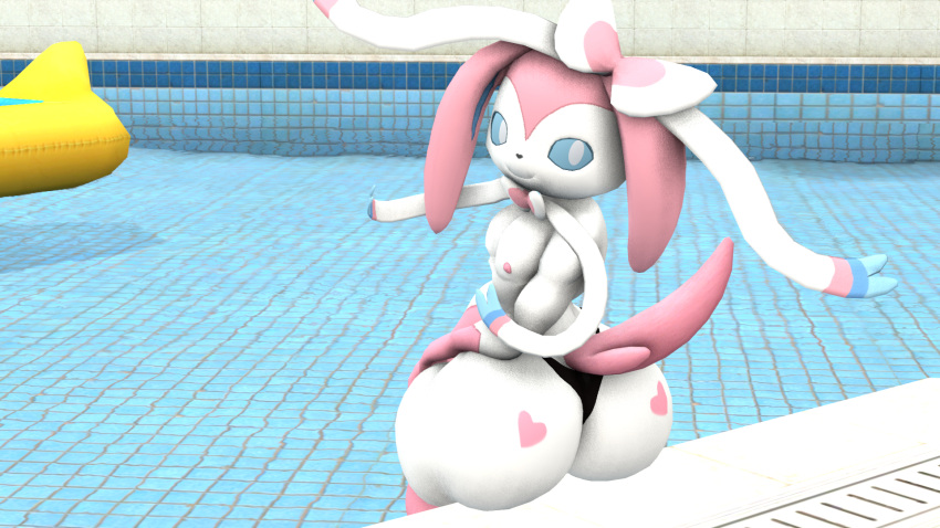 &lt;3 16:9 3d_(artwork) anthro anthrofied big_butt blue_eyes blulowcj bow_ribbon butt butt_markings clothing digital_media_(artwork) eeveelution floppy_ears fur generation_6_pokemon girly hi_res kabalmystic_(artist) male markings narrowed_eyes nintendo nipples pink_body pink_fur pokemon pokemon_(species) pool pool_toy poolside raised_tail smile solo source_filmmaker sweet_sylvi swim_ring swimming_pool sylveon tail thong underwear water white_body wide_hips widescreen