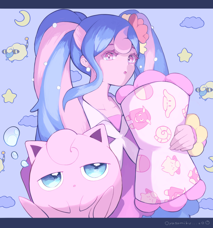 1girl :o absurdres blue_hair cloud colored_eyelashes crescent_moon earrings fairy_miku_(project_voltage) flower ha01ru28 hair_flower hair_ornament hatsune_miku highres jewelry jigglypuff light_blue_hair long_hair mareep moon multicolored_hair neckerchief open_mouth pearl_earrings pearl_hair_ornament pink_eyes pink_hair pink_shirt pokemon project_voltage red_flower shirt star_(symbol) twintails two-tone_hair vocaloid white_neckerchief yellow_flower