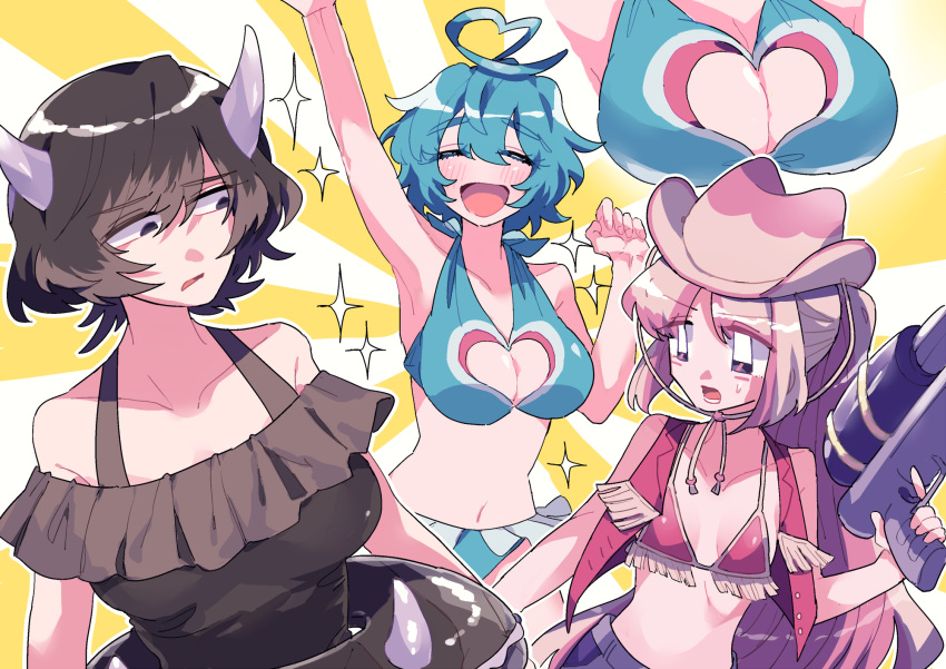 3girls :d ahoge arm_up arms_up black_eyes breasts brown_hair brown_shirt cleavage_cutout closed_eyes clothing_cutout gotoroku_(pkg) gun heart heart_ahoge heart_cutout heart_hair highres holding holding_gun holding_weapon horns innertube long_hair midriff multiple_girls personification pink_hair pink_headwear pokemon purple_eyes shirt short_hair small_breasts smile standing swim_ring tinkaton weapon