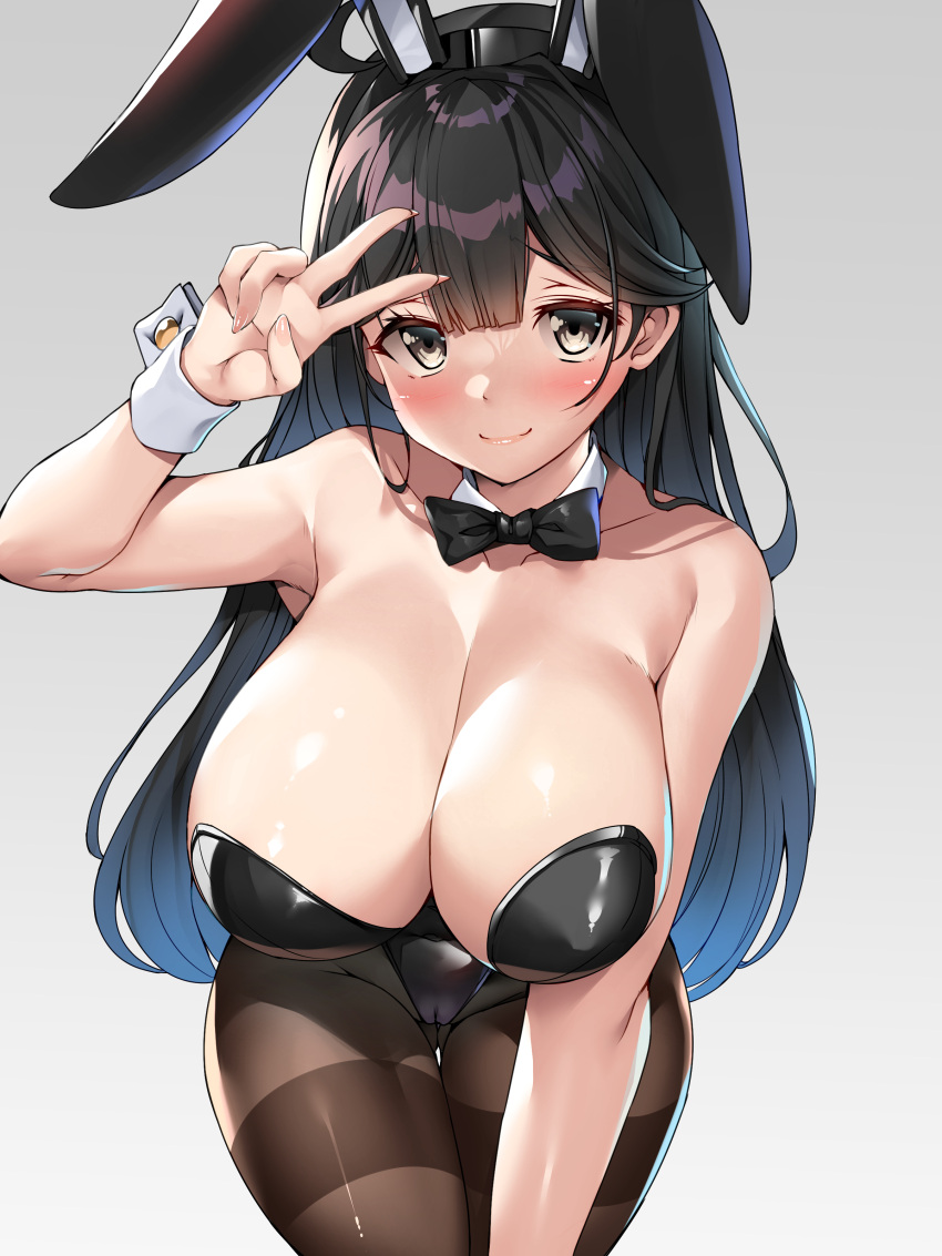 1girl absurdres animal_ears bare_arms black_bow black_bowtie black_hair black_leotard black_pantyhose blue_hair blush bow bowtie breasts brown_eyes cameltoe cleavage closed_mouth commentary_request detached_collar fake_animal_ears gradient_hair hair_between_eyes highres kantai_collection large_breasts leotard long_hair looking_at_viewer multicolored_hair pantyhose playboy_bunny rabbit_ears simple_background smile solo torisan two-tone_hair ushio_(kancolle) v wrist_cuffs