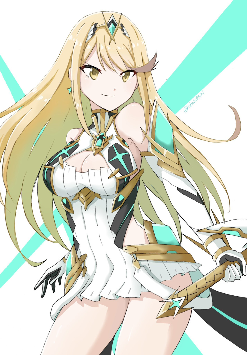 &gt;:) 1girl bare_shoulders blonde_hair breasts chobi0521 cleavage cleavage_cutout closed_mouth clothing_cutout commentary dress elbow_gloves gloves headpiece highres holding holding_sword holding_weapon long_hair medium_breasts mythra_(xenoblade) pleated_dress sleeveless sleeveless_dress smile solo sword twitter_username v-shaped_eyebrows very_long_hair weapon white_background white_dress white_gloves xenoblade_chronicles_(series) xenoblade_chronicles_2 yellow_eyes