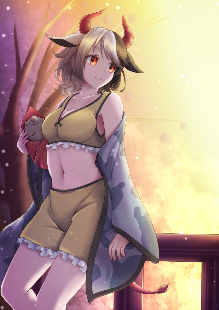 1girl absurdres against_railing animal_ears animal_print bare_tree black_hair breasts cleavage closed_mouth commentary_request cow_ears cow_girl cow_horns cow_print cow_tail frilled_shorts frills grey_hair haori highres horns japanese_clothes messiah_&amp;_crea midriff multicolored_hair nail_polish navel pink_nails railing red_eyes red_horns red_tail short_hair shorts smile solo split-color_hair tail tank_top touhou tree two-tone_hair ushizaki_urumi yellow_shorts yellow_tank_top