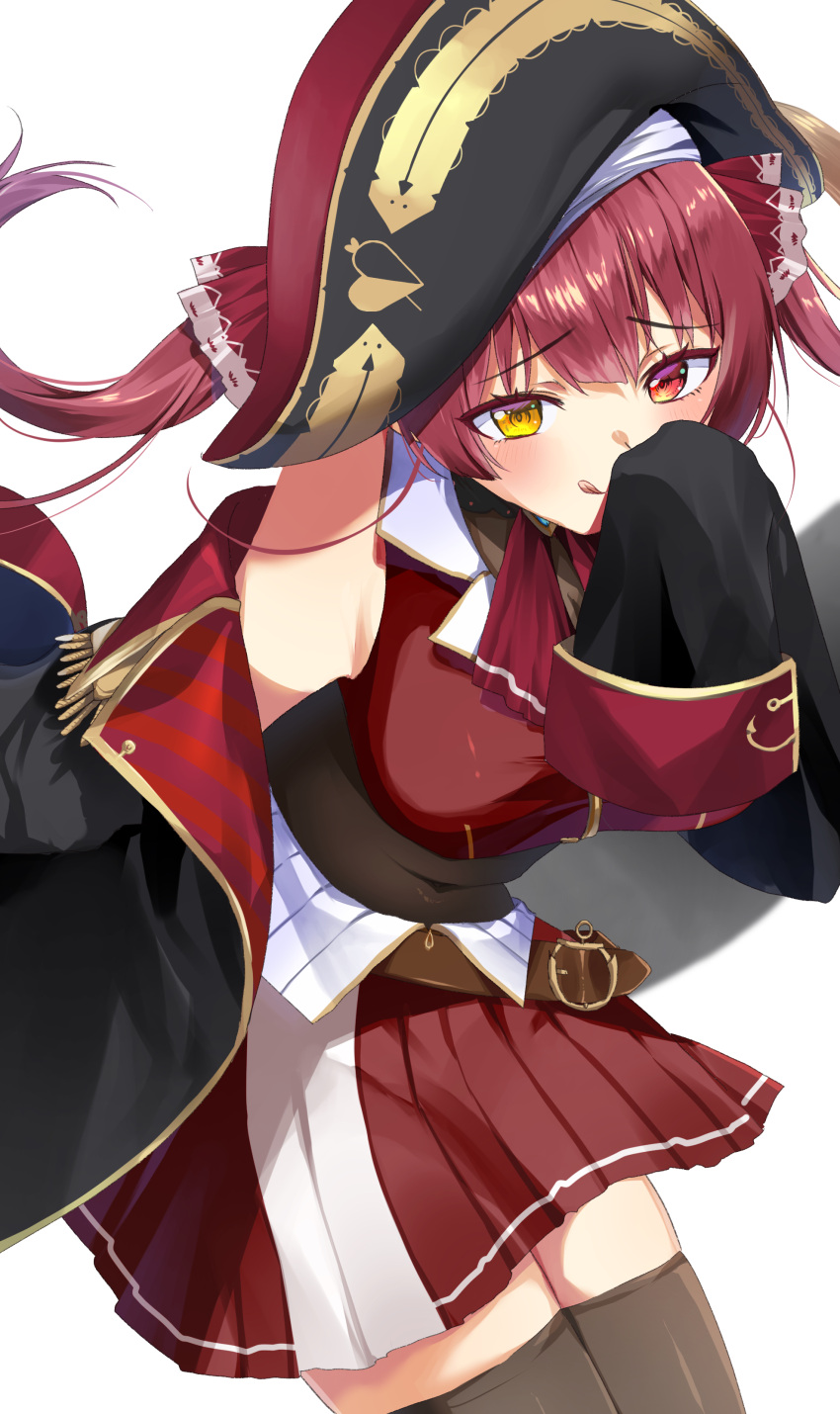 1girl absurdres arrow_through_heart ascot belt black_choker black_coat black_headwear black_thighhighs breasts brown_belt choker coat cropped_jacket frilled_choker frills hair_ribbon hat heterochromia highres hololive houshou_marine houshou_marine_(1st_costume) large_breasts leotard leotard_under_clothes long_hair looking_at_viewer maguri_rei miniskirt pirate_hat red_ascot red_coat red_eyes red_hair red_ribbon red_skirt ribbon skirt sleeveless sleeveless_jacket sleeves_past_fingers sleeves_past_wrists smile solo thighhighs tongue tongue_out twintails two-sided_coat two-sided_fabric virtual_youtuber yellow_eyes