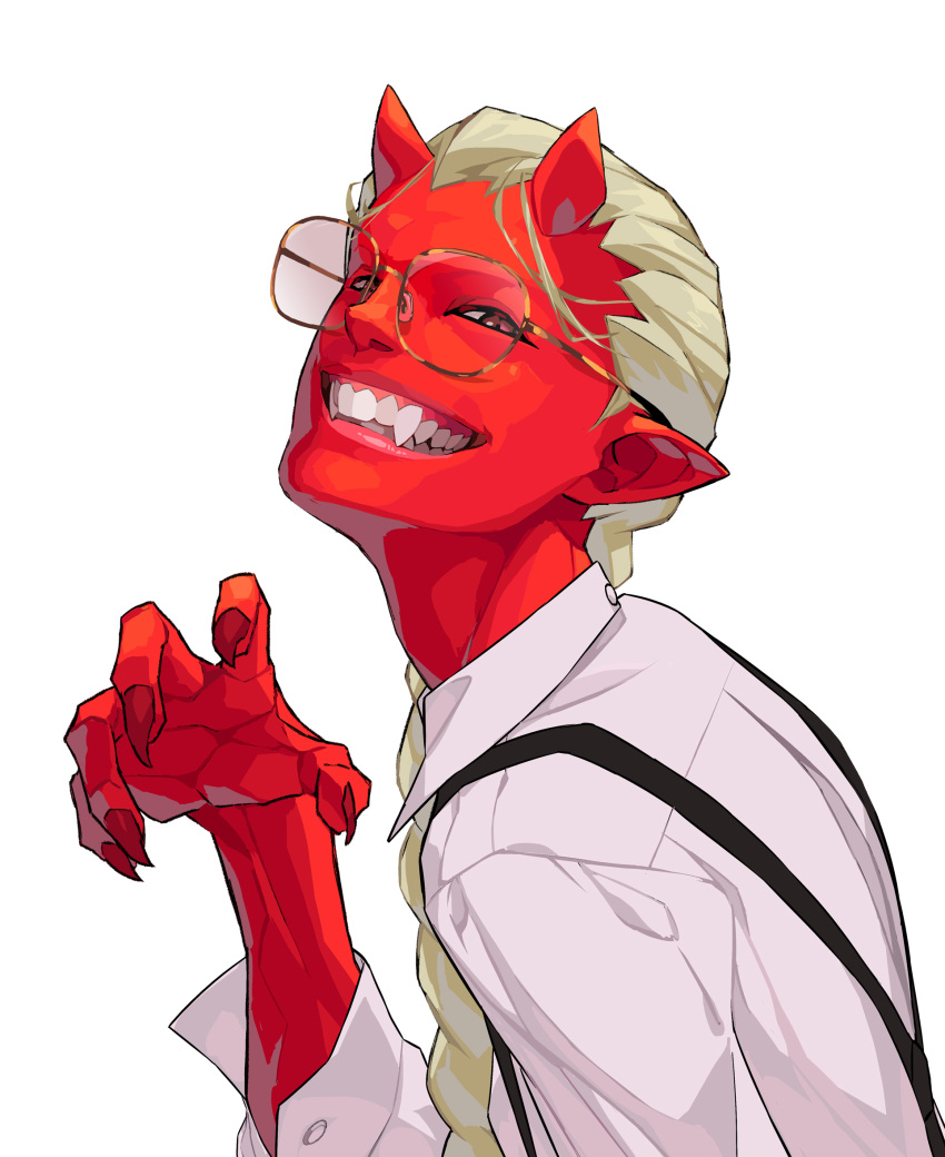 1boy blonde_hair braid claw_pose collared_shirt colored_skin demon_boy fingernails glasses highres horns long_sleeves looking_at_viewer male_focus oni oni_horns open_mouth original pointy_ears red_skin round_eyewear sharp_fingernails sharp_teeth shirt simple_background smile solo suspenders teeth teru_by_m upper_body white_background white_shirt