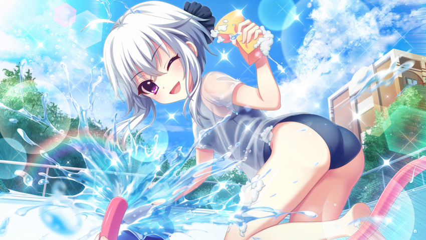 2girls ahoge ass barefoot blue_scrunchie blue_sky breasts building chain-link_fence cloud day dot_nose fence film_grain from_side game_cg grey_hair hair_ornament hair_scrunchie holding holding_sponge hose ichijou_ruka izumi_tsubasu lens_flare looking_at_viewer multiple_girls non-circular_lens_flare non-web_source official_art one_eye_closed open_mouth outdoors pool pov pov_hands purple_eyes rainbow re:stage! school_swimsuit scrunchie see-through see-through_shirt shikimiya_aone shirt short_hair_with_long_locks sky small_breasts smile soap_bubbles solo_focus sparkle sponge spraying standing standing_on_one_leg sunlight swimsuit wet wet_clothes wet_shirt white_shirt