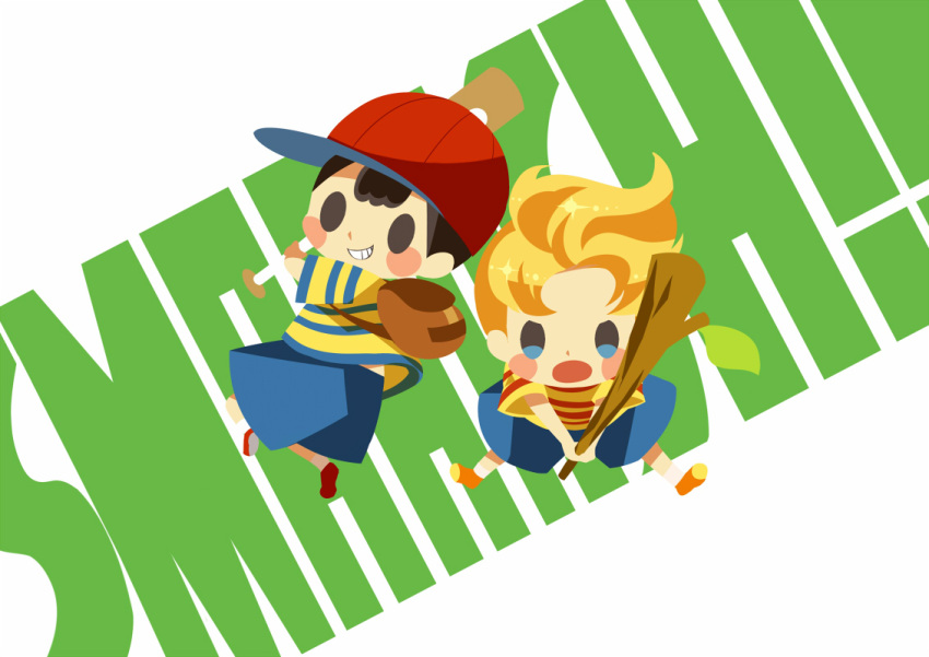 2boys backpack bag baseball_bat black_hair blonde_hair blue_shorts blush_stickers brown_bag grin hitofutarai holding holding_baseball_bat holding_stick leaf lucas_(mother_3) male_focus mother_(game) mother_2 mother_3 multiple_boys ness_(mother_2) open_mouth orange_footwear red_footwear red_headwear shirt short_hair short_sleeves shorts smile socks solid_oval_eyes sound_effects stick striped striped_shirt swinging white_background white_socks