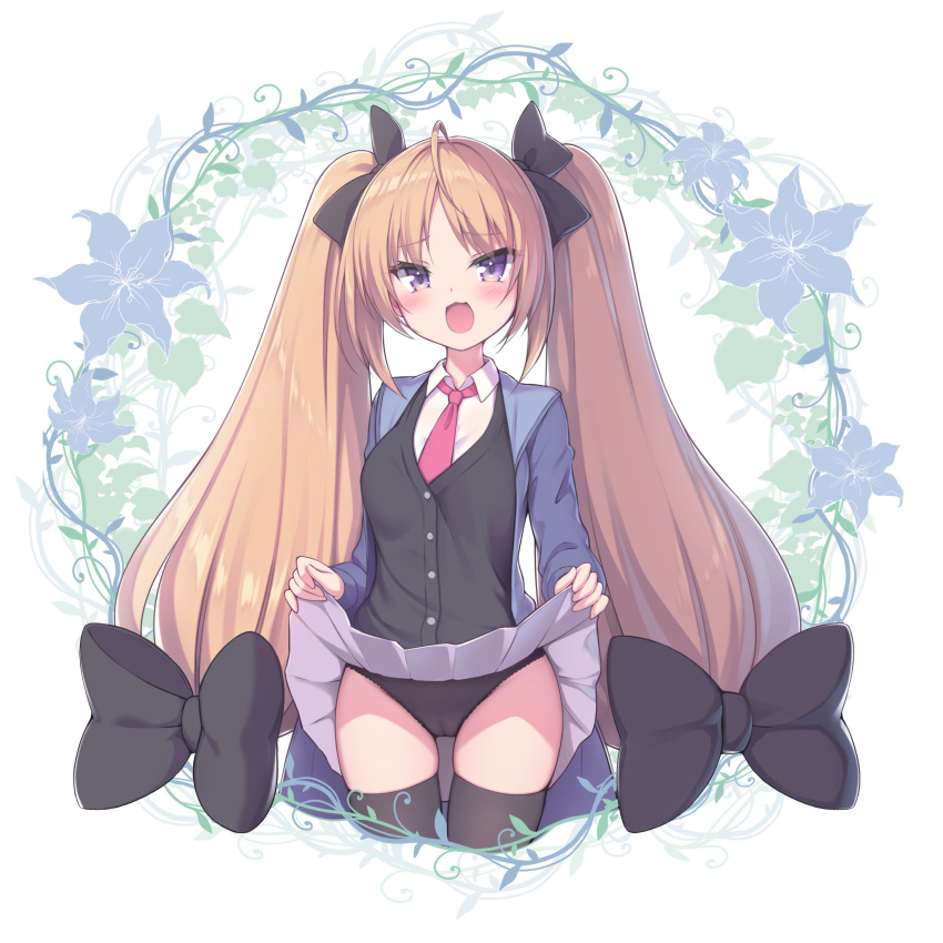 1girl :d bangs black_bow black_cardigan black_panties black_thighhighs blue_jacket blush bow brown_hair cameltoe cardigan check_commentary clothes_lift collared_shirt commentary commentary_request cropped_legs floral_background hair_bow highres jacket lifted_by_self long_hair looking_at_viewer necktie open_clothes open_jacket original panties parted_bangs pink_necktie pleated_skirt purple_eyes sasakura_momiji shirt simple_background skirt skirt_lift smile solo thighhighs twintails underwear very_long_hair white_background white_shirt white_skirt