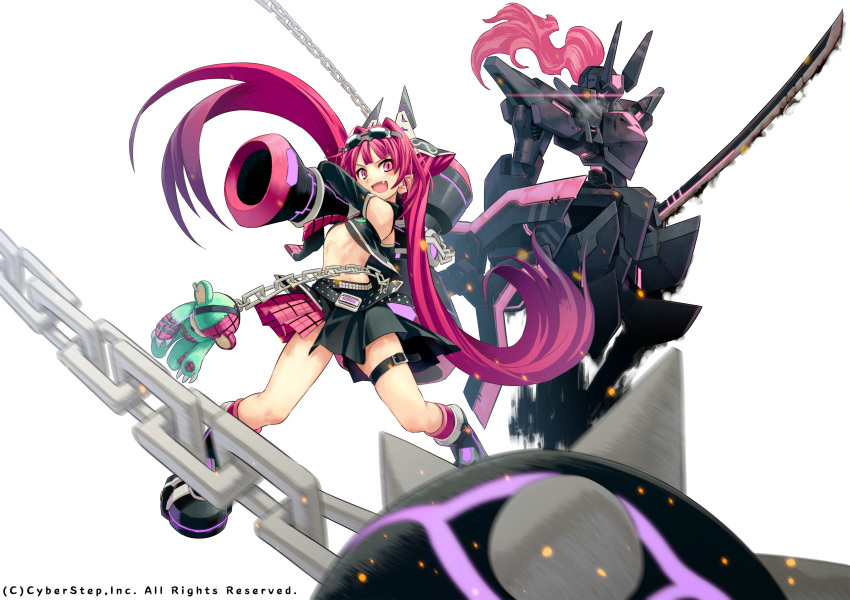 absurdres ball_and_chain_(weapon) belt chain cosmic_break dark_revenant detached_sleeves eyepatch fang goggles goggles_on_head hair_ornament hammer highres kendama leg_belt long_hair looking_at_viewer mace mercurio morizo_cs navel necktie official_art open_mouth pink_eyes pink_hair plaid plaid_skirt pleated_skirt pointy_ears robot simple_background skirt spike_ball spiked_ball_and_chain spiked_mace spikes stuffed_animal stuffed_toy teddy_bear thigh_strap twintails weapon white_background