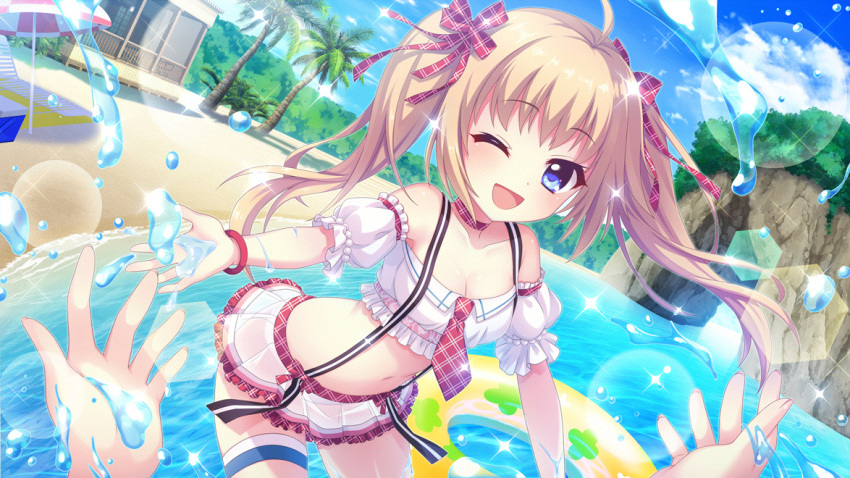 2girls ;d ahoge bare_shoulders beach beach_umbrella bikini blue_eyes blue_ribbon blue_sky bracelet breasts building cleavage cloud collarbone cooler crop_top day detached_sleeves dot_nose dutch_angle film_grain game_cg hair_ribbon itsumura_haruka itsumura_yukari izumi_tsubasu jewelry leg_ribbon lens_flare light_brown_hair looking_at_viewer medium_breasts multiple_girls navel neck_ribbon necktie non-circular_lens_flare non-web_source ocean official_art one_eye_closed open_mouth outdoors palm_tree plaid plaid_necktie plaid_ribbon pov pov_hands print_innertube re:stage! recliner red_bracelet red_necktie ribbon see-through see-through_skirt skirt sky smile solo_focus sparkle splashing suspender_skirt suspenders swimsuit thigh_ribbon tree twintails umbrella wading white_bikini yellow_innertube