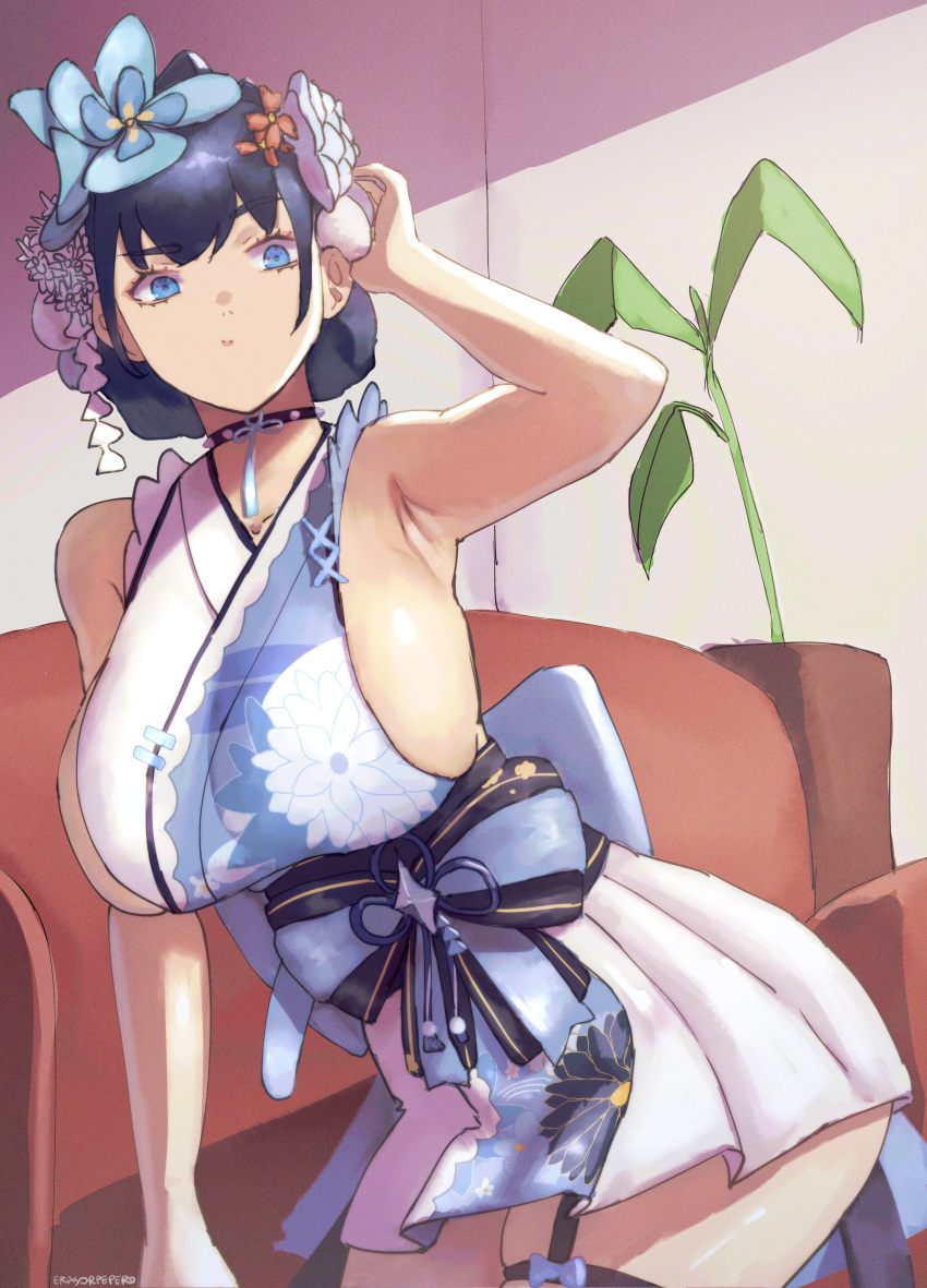 1girl absurdres against_furniture belt black_collar black_sash blue_belt blue_eyes blue_hair blue_kimono breasts collar contrapposto cosplay erasorpepero floral_print_kimono flower fuwawa_abyssgard fuwawa_abyssgard_(cosplay) fuwawa_abyssgard_(new_year) garter_belt hair_flower hair_ornament highres hololive hololive_english indoors japanese_clothes kimono large_breasts long_hair looking_at_viewer multicolored_hair obi official_alternate_costume ouro_kronii ponytail sash sideless_kimono sleeveless sleeveless_kimono solo streaked_hair sunlight tail thigh_strap virtual_youtuber