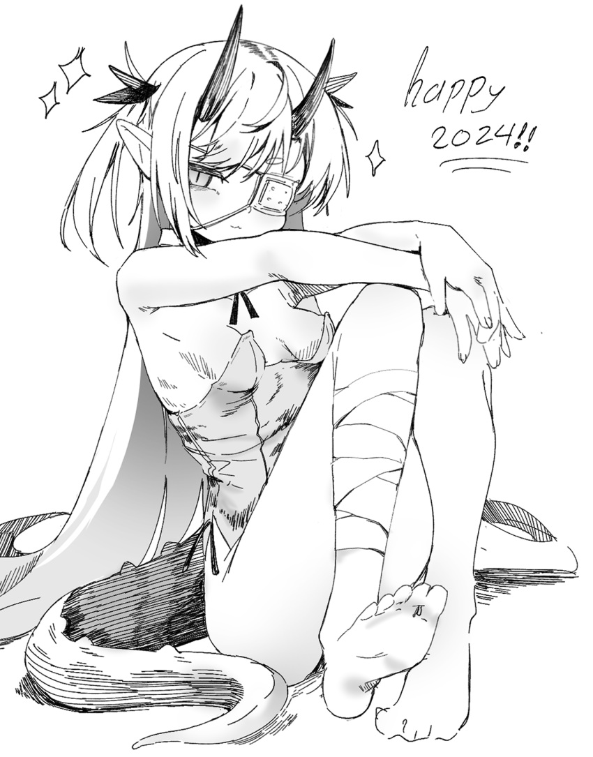 1girl 2024 bandaged_leg bandages barefoot breasts closed_mouth constricted_pupils dragon_girl dragon_tail english_commentary eyepatch full_body greyscale hair_spread_out hands_on_own_knees happy_new_year highres higu_shi horns knees_up leotard long_hair looking_at_viewer medical_eyepatch monochrome original pointy_ears simple_background sitting sketch small_breasts solo strapless strapless_leotard tail two_side_up very_long_hair
