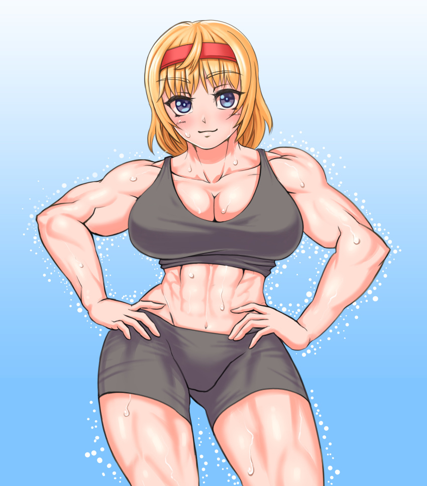 1girl abs absurdres alice_margatroid alternate_costume biceps bike_shorts blonde_hair blue_background blush breasts cleavage closed_mouth collarbone commentary_request contrapposto cookie_(touhou) cowboy_shot gradient_background grey_eyes grey_shorts grey_sports_bra hairband hands_on_own_hips highres large_breasts looking_at_viewer medium_bangs midriff muscular muscular_female navel obliques red_hairband sakuranbou_(cookie) short_hair shorts smile solo sports_bra standing sweat touhou tsukuru_hajime