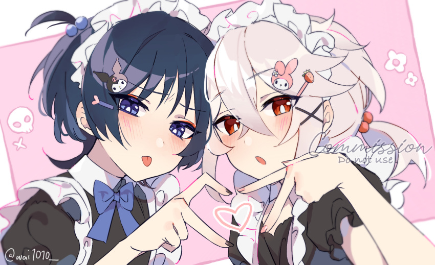 2boys apron blue_eyes blue_hair blush bow bowtie character_hair_ornament commission genshin_impact hair_between_eyes hair_ornament hairband heart heart_hands heart_hands_duo highres kaedehara_kazuha kuromi looking_at_viewer maid maid_apron male_focus multiple_boys my_melody onegai_my_melody open_mouth otoko_no_ko ponytail red_eyes sanrio scaramouche_(genshin_impact) short_hair short_sleeves simple_background tongue tongue_out wai1010 wanderer_(genshin_impact) white_hair x_hair_ornament