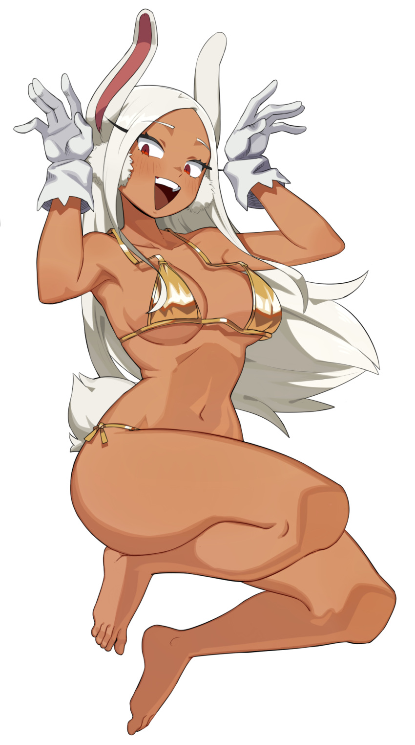 1girl animal_ears armpits barefoot bikini blush boku_no_hero_academia breasts collarbone dark-skinned_female dark_skin feet flowers-imh full_body gloves gold_bikini hands_up highres large_breasts leotard long_hair looking_at_viewer midair mirko navel open_mouth parted_bangs rabbit_ears rabbit_girl rabbit_pose rabbit_tail red_eyes side-tie_bikini_bottom smile solo stomach swimsuit tail teeth thighs toes toned upper_teeth_only very_long_hair white_background white_gloves white_hair white_leotard