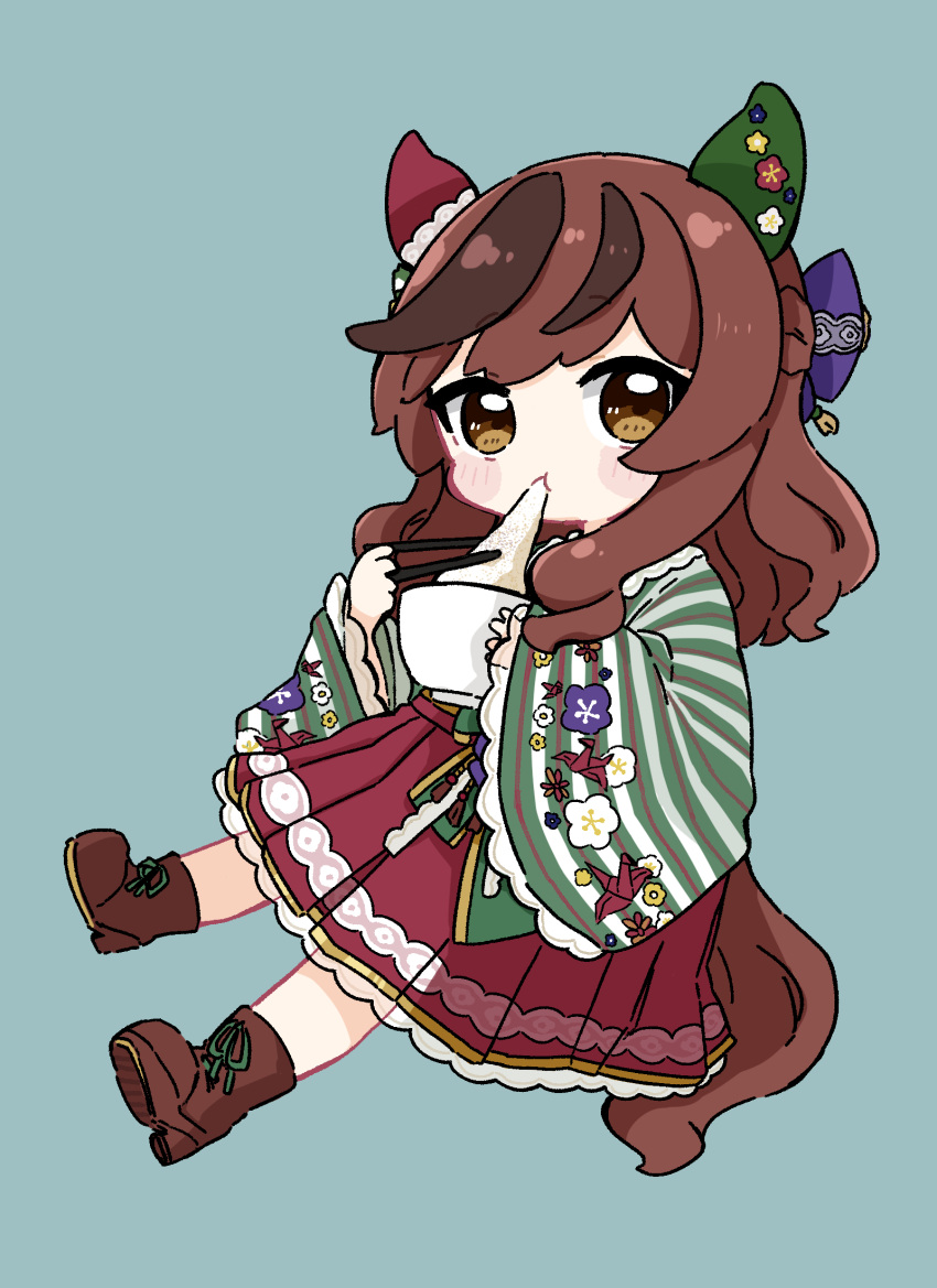 1girl animal_ears blue_background blush_stickers boots bowl brown_eyes brown_footwear brown_hair chibi chopsticks commentary_request eating floral_print food full_body highres holding holding_bowl holding_chopsticks horse_ears horse_girl horse_tail japanese_clothes kimono long_hair long_sleeves looking_at_viewer mochi multicolored_hair nice_nature_(negaino_kasane)_(umamusume) nice_nature_(umamusume) nozo_(hitomiz) pleated_skirt print_kimono red_skirt simple_background sitting skirt sleeves_past_wrists solo streaked_hair striped striped_kimono tail umamusume vertical-striped_kimono vertical_stripes wide_sleeves