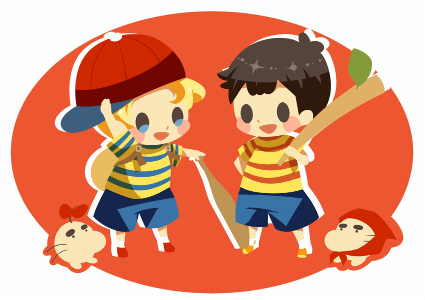 backpack bag baseball_bat baseball_cap black_hair blonde_hair blue_shorts blush_stickers brown_bag cosplay costume_switch doseisan drop_shadow full_body hat hitofutarai holding holding_baseball_bat holding_stick looking_at_another lucas_(mother_3) mother_(game) mother_2 mother_3 ness_(mother_2) open_mouth orange_footwear red_footwear red_headwear shirt short_hair shorts sideways_hat standing stick striped striped_shirt