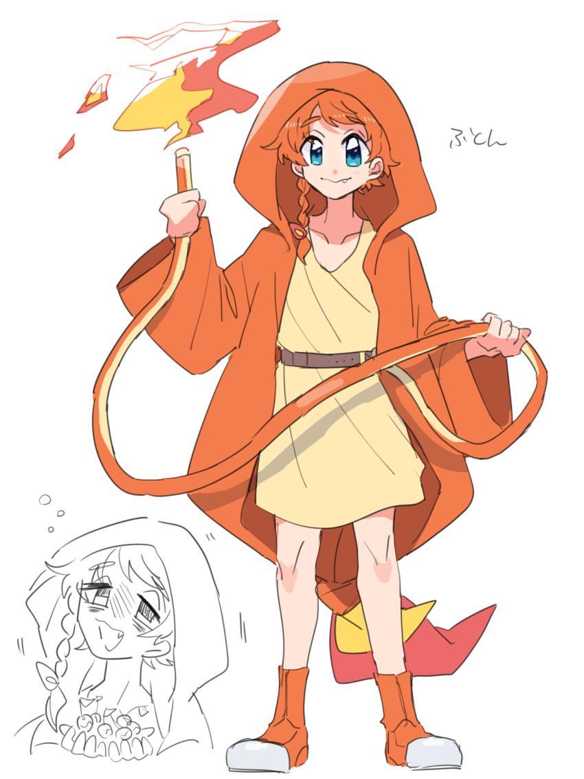 belt blue_eyes braid charmander fang fire gotoroku_(pkg) highres hood hooded_robe hose multiple_views orange_footwear orange_hair personification pokemon robe simple_background sketch smile standing white_background wide_sleeves