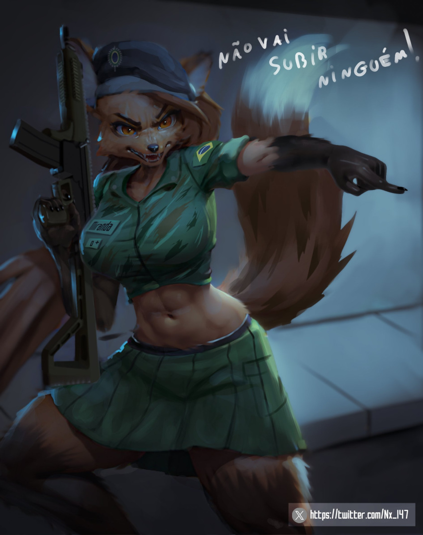 angry anthro army_uniform biped brazil brazilian brazilian_flag canid canine clothed clothing dialogue female gesture gun hi_res mammal maned_wolf miranda_(naythf) multicolored_body nx147 pointing ranged_weapon simple_background solo text translated two_tone_body weapon