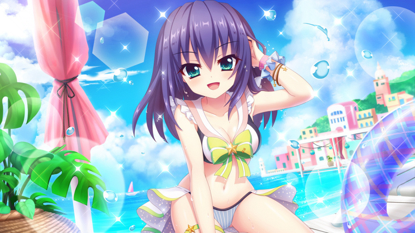 1girl aqua_eyes beach_umbrella bikini bikini_skirt blue_bikini blue_hair blue_sky boat bow bracelet breasts building cleavage cloud collarbone day dot_nose dutch_angle film_grain game_cg green_bow green_ribbon hand_in_own_hair honjou_kasumi horizon izumi_tsubasu jewelry leg_ribbon lens_flare looking_at_viewer medium_breasts medium_hair navel non-circular_lens_flare non-web_source ocean official_art open_mouth outdoors pink_umbrella pink_wrist_cuffs plant potted_plant re:stage! ribbon sailboat sitting sky smile solo sparkle star_(symbol) swimsuit thigh_ribbon transparent_innertube umbrella watercraft