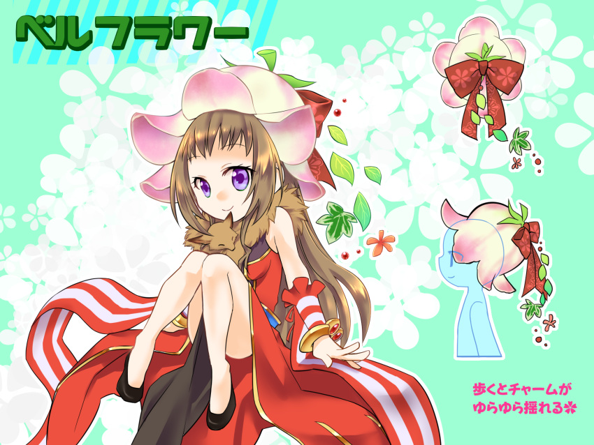 1girl animal_around_neck artist_request bangle black_footwear bow bracelet breasts brown_hair closed_mouth commentary_request detached_sleeves dress flower_hat fox full_body hat hat_bow highres jewelry leaf long_hair looking_at_viewer medium_breasts multiple_views pelvic_curtain pink_headwear professor_(ragnarok_online) purple_eyes ragnarok_online red_bow red_dress red_sleeves shoes short_bangs sleeveless sleeveless_dress smile striped_sleeves white_sleeves