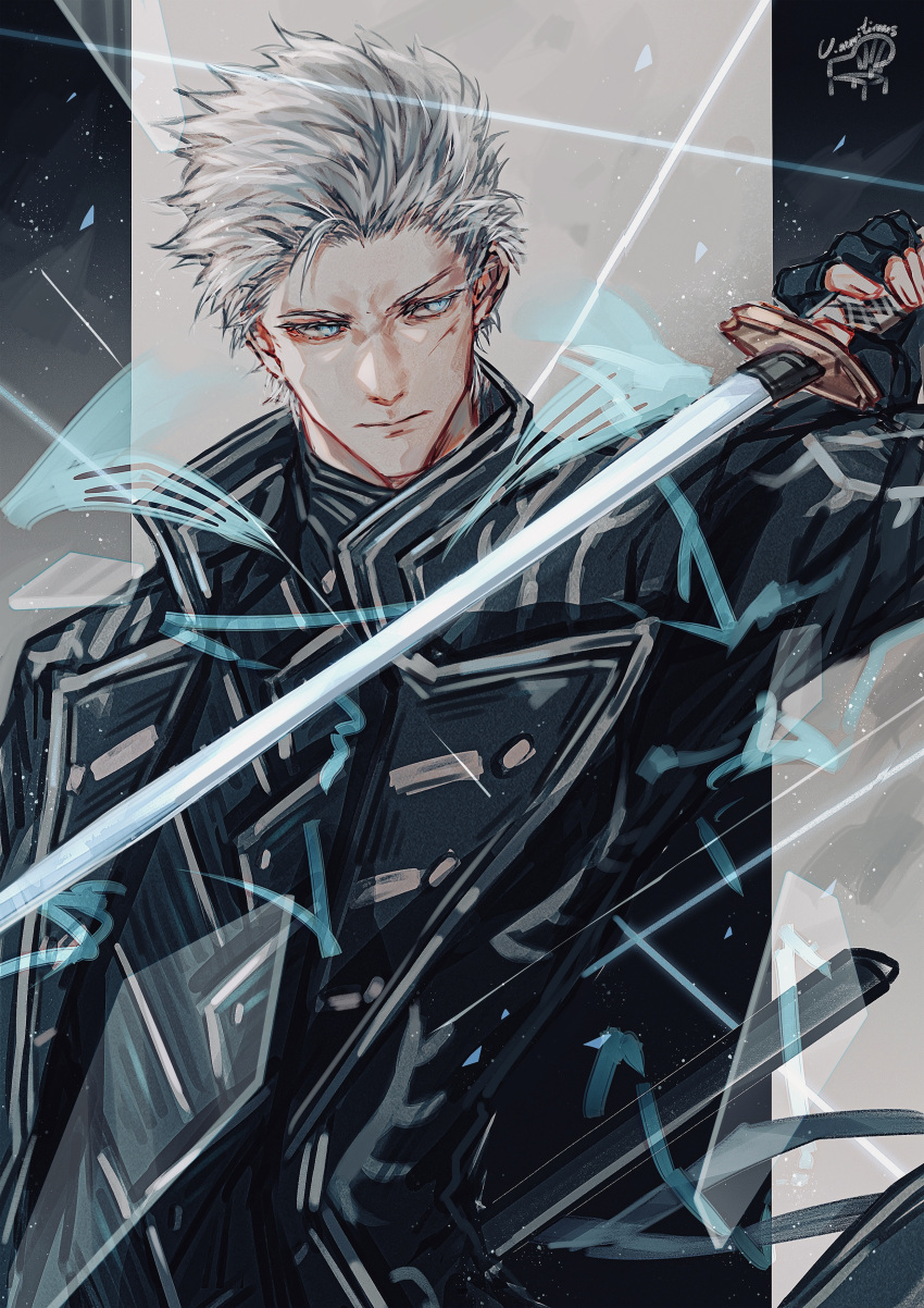 1boy absurdres blue_eyes closed_mouth coat devil_may_cry_(series) fingerless_gloves gloves highres holding holding_weapon katana lolvivianli male_focus solo sword vergil_(devil_may_cry) weapon white_hair yamato_(sword)