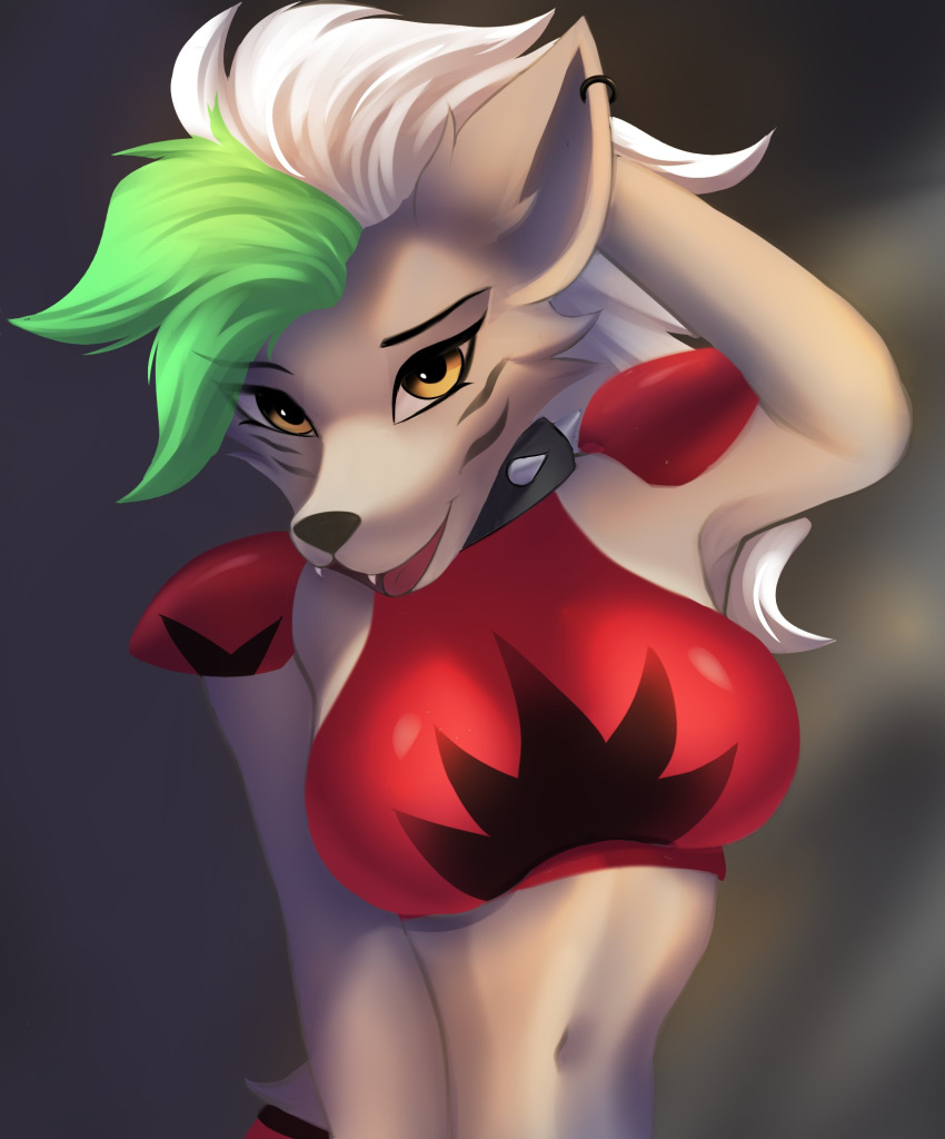 2022 anthro black_nose breasts canid canine canis clothing collar delta_hronum digital_media_(artwork) ear_piercing ear_ring eye_through_hair eyebrow_through_hair eyebrows facial_markings fangs female five_nights_at_freddy's five_nights_at_freddy's:_security_breach fur green_highlights grey_body grey_fur hair half-length_portrait hand_behind_head head_markings hi_res highlights_(coloring) long_hair looking_at_viewer mammal markings medium_breasts multicolored_hair navel open_mouth piercing portrait ring_piercing roxanne_wolf_(fnaf) scottgames shoulder_guards solo spiked_collar spikes steel_wool_studios teeth topwear translucent translucent_hair two_tone_hair white_hair wolf yellow_eyes